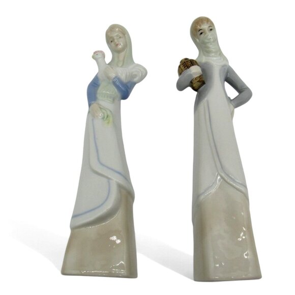 Vintage Ceramic Figurines of Women Holding a Basket and Chicken Pastel Tones - Picture 8 of 10